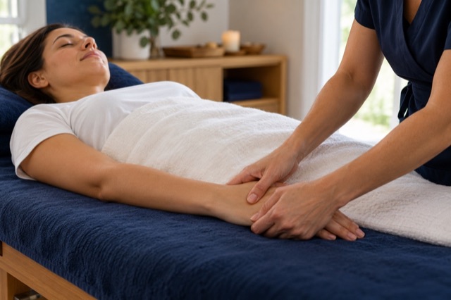 Mulher deitada na maca recebendo massagem relaxante no braço