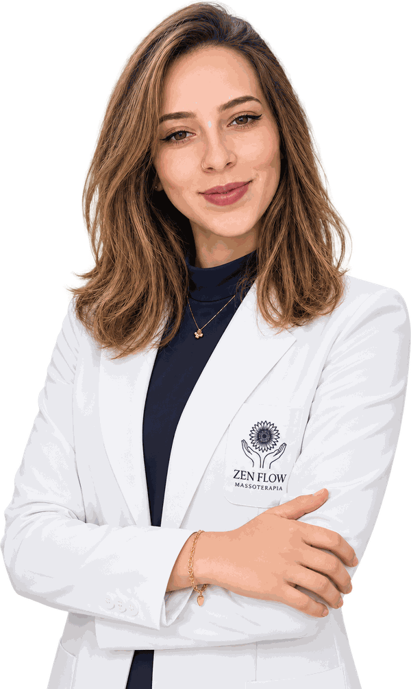 Mayara Martins, massoterapeuta da Zen Flow, sorrindo de braços cruzados, de jaleco branco com o logo da Zen Flow bordado