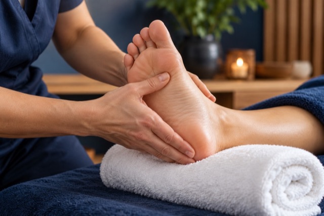 Mãos massageando a planta de um pé