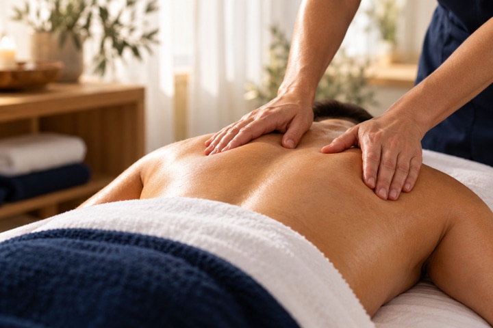 Mãos de massoterapeuta massageando as costas de uma cliente deitada na maca, coberta por toalhas brancas e azul-marinho