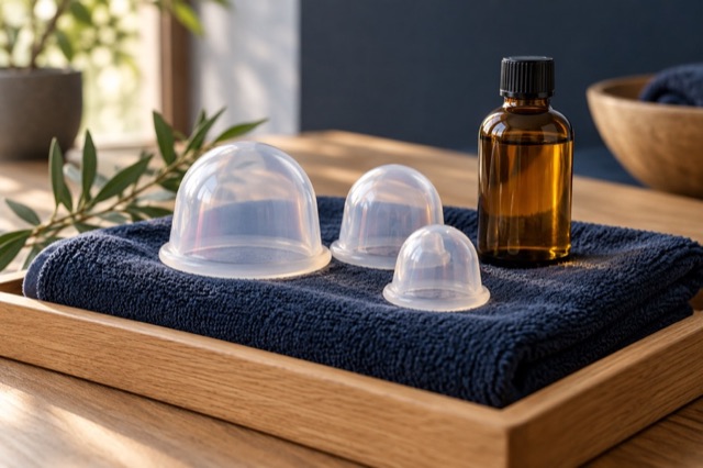Ventosas transparentes e óleo de massagem sobre uma toalha